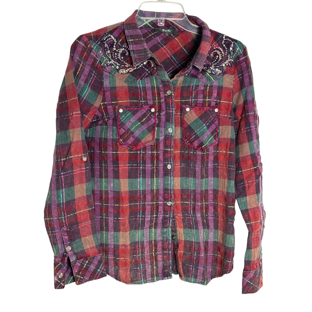 Miss Me Womens Plaid Western Shirt Fleur De Lis Rhinestone Embellished Medium
